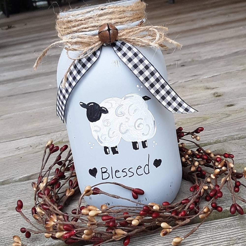 Handpainted Rustic Sheep Mason Jar Bathroom